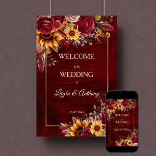 Fall wedding burgundy roses sunflowers welcome poster