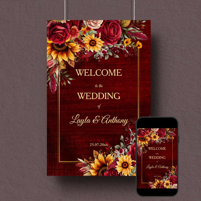 Fall wedding burgundy roses sunflowers welcome poster (Fall wedding burgundy roses sunflowers welcome sign poster template instant download wedding decor)