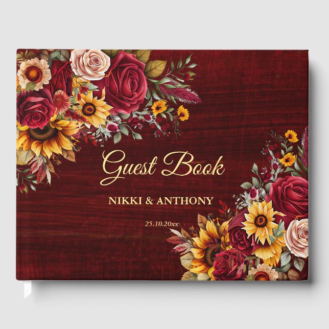 Fall wedding burgundy roses yellow sunflowers guest book (Front)