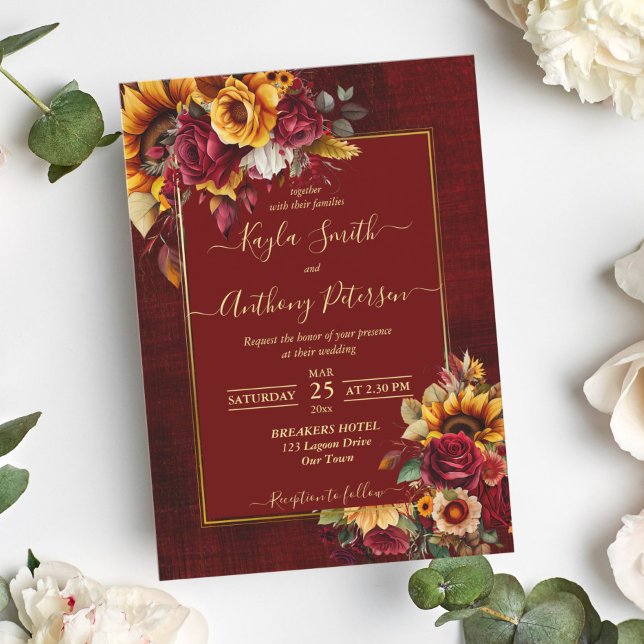 Fall wedding burgundy roses yellow sunflowers invitation (Creator Uploaded)
