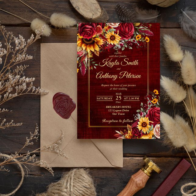 Fall wedding burgundy roses yellow sunflowers invitation (Fall rustic cottagecore wedding burgundy roses yellow sunflowers invitation template digital downloa)