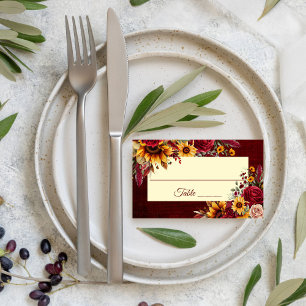 Fall wedding burgundy roses yellow sunflowers place card