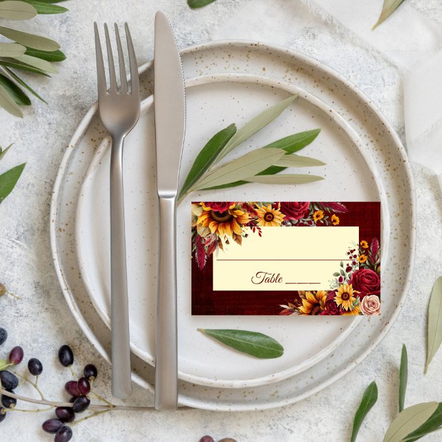 Fall wedding burgundy roses yellow sunflowers place card (Sunflower wedding theme place cards Fall wedding burgundy roses yellow sunflowers place card)