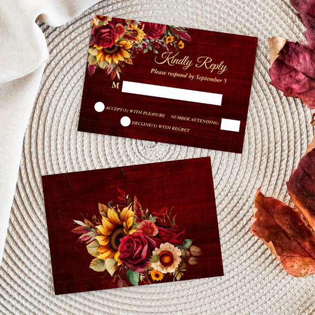 Fall wedding burgundy roses yellow sunflowers RSVP card (Fall wedding burgundy roses yellow sunflowers RSVP card wedding invitation suite)
