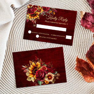 Fall wedding burgundy roses yellow sunflowers RSVP card