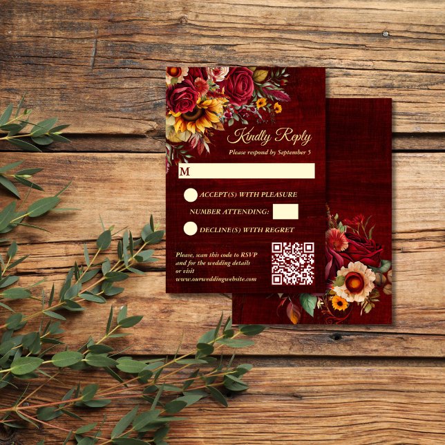 Fall wedding burgundy roses yellow sunflowers RSVP card (Fall wedding burgundy roses yellow sunflowers RSVP card wedding invitation suite)