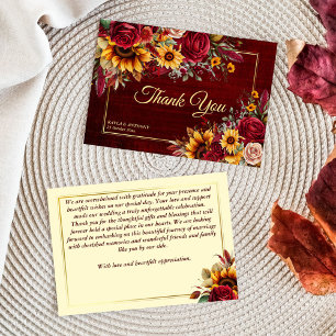 Fall wedding burgundy roses yellow sunflowers thank you card