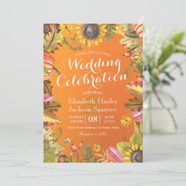 Fall Wedding Celebration Autumn Maple Leaf Pumpkin Invitation (Standing Front)