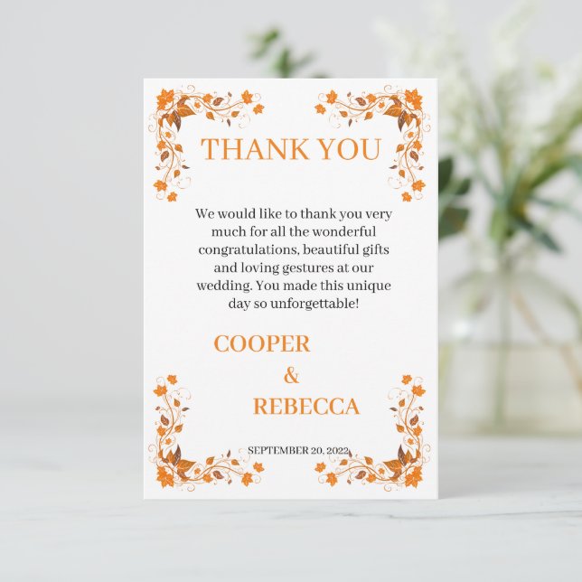 Fall Wedding Cooper & Rebecca Thank You Card  (Standing Front)