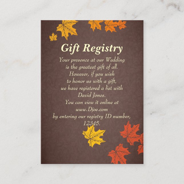 fall wedding Gift registry  Cards (Front)