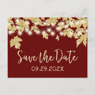 Fall Wedding Gold Leaves Burgundy Save the Date Announcement Postcard