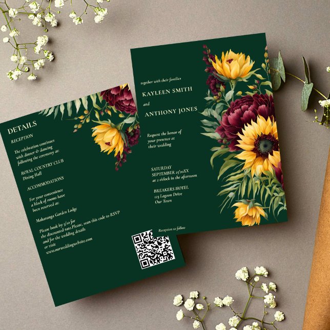 Fall wedding green rustic sunflowers all in one invitation (Emerald green rustic sunflowers fall summer all in one wedding invitation template digital download)
