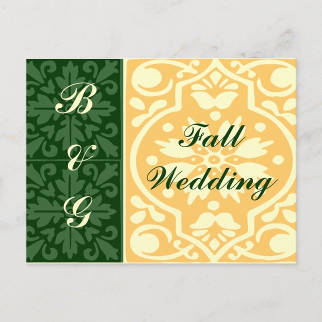 Fall Wedding Green Tan Monogram Custom Postcard (Front)