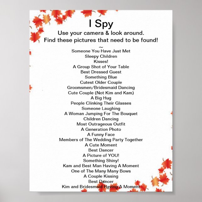 Fall Wedding I Spy Game Poster (Front)