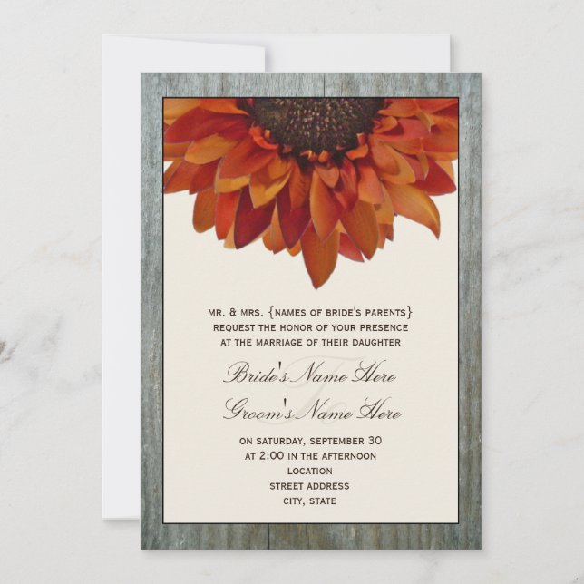 Fall Wedding Invitation - Sunflower & Barnwood (Front)