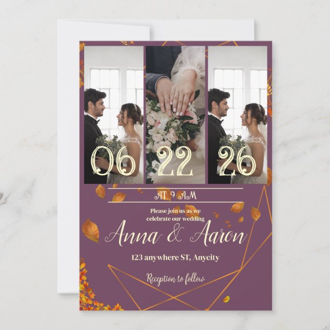 Fall Wedding Invitation with Photos | Plum, Copper (Front)