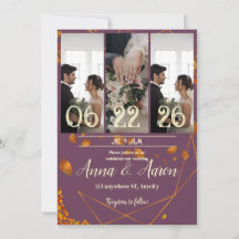 Fall Wedding Invitation with Photos | Plum, Copper