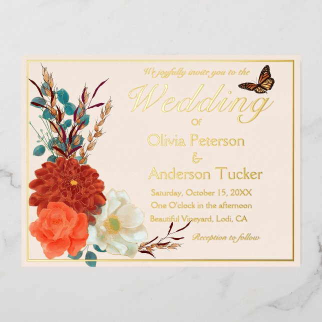 Fall Wedding Ivory QRC Floral Monarch Butterfly Foil Invitation Postcard (Front)
