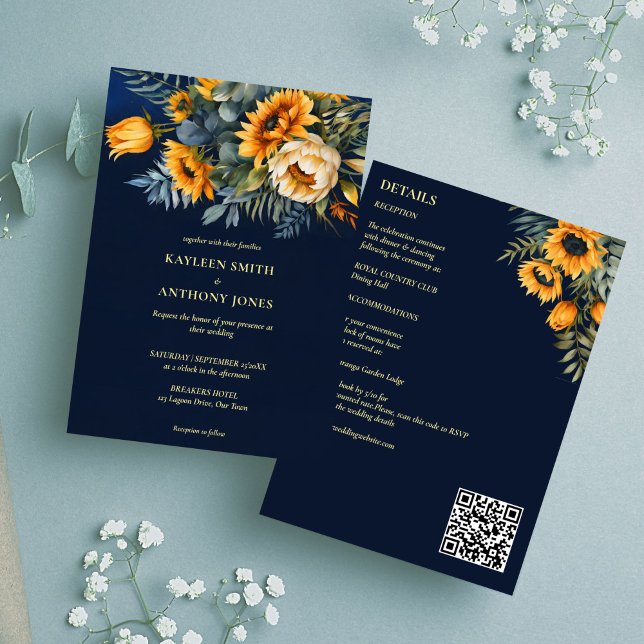 Fall wedding navy blue rustic sunflower all in one invitation (Fall summer wedding navy blue rustic sunflowers all in one invitation template digital download)