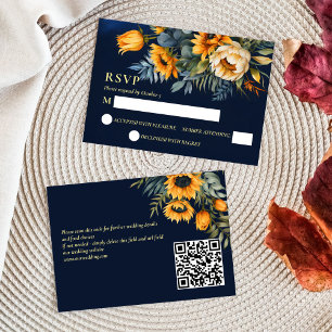 Fall wedding navy blue rustic sunflower RSVP card