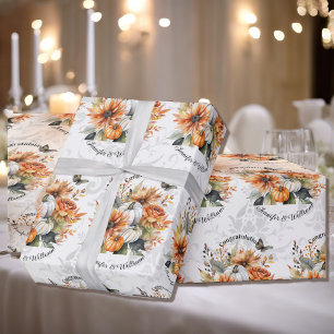 Fall Wedding Personalise Names Pumpkin Mums Roll Wrapping Paper