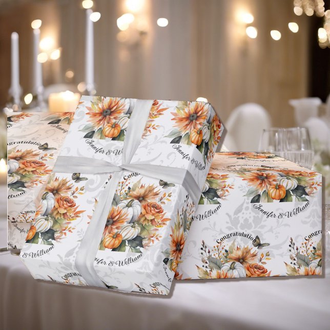 Fall Wedding Personalise Names Pumpkin Mums Roll Wrapping Paper (Creator Uploaded)