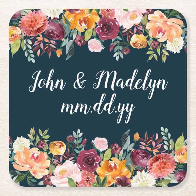 Fall Wedding Reception Personalised Elegant Floral Square Paper Coaster (Front)