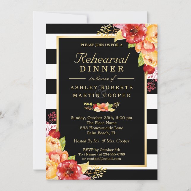 Fall Wedding Rehearsal Dinner Gold Floral Stripes Invitation (Front)