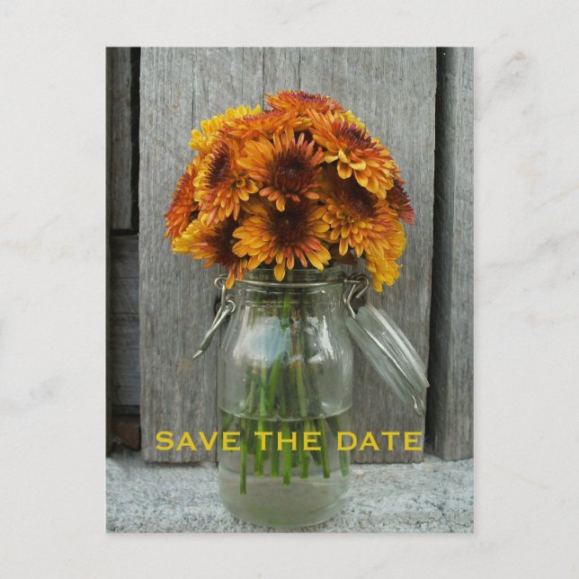 Fall Wedding Save The Date - Barnwood & Flowers Announcement Postcard (Front)