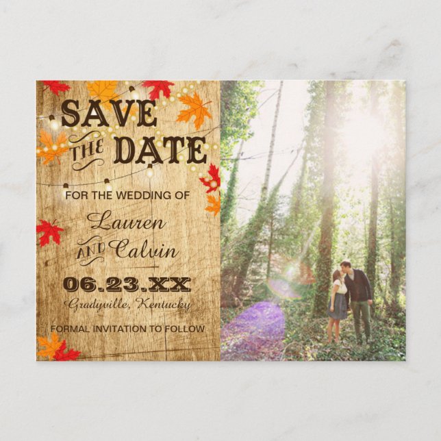 Fall wedding Save the Date for a rustic wedding Announcement Postcard (Front)