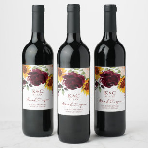 Fall Wedding Sunflower and Roses Burgundy Wine Lab Label