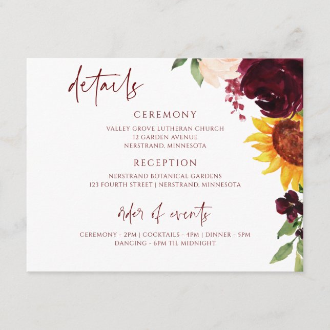 Fall Wedding Sunflowers & Burgundy Roses Details Enclosure Card (Front)