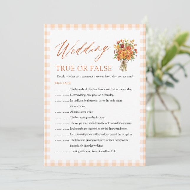 Fall Wedding True or False Bridal Shower Game Invitation (Standing Front)