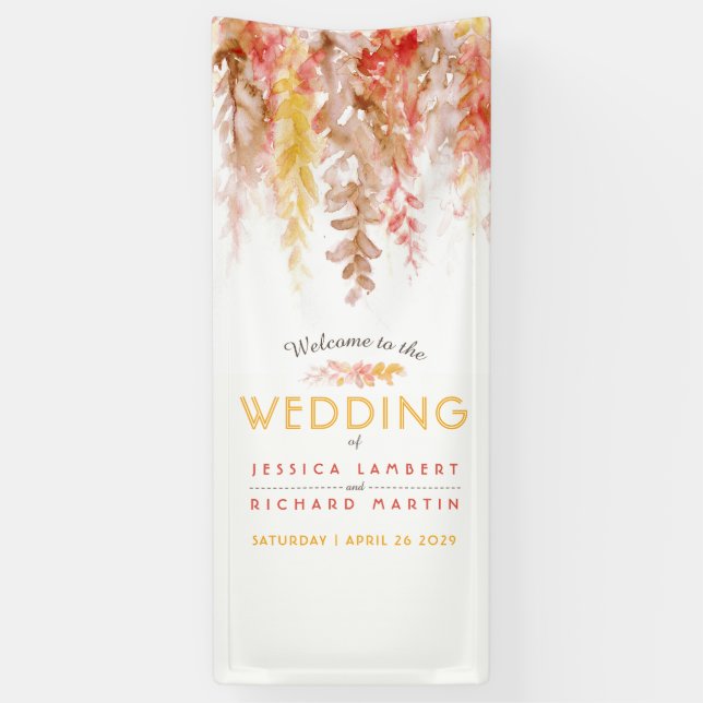 Fall wedding vine art orange brown welcome banner (Vertical)