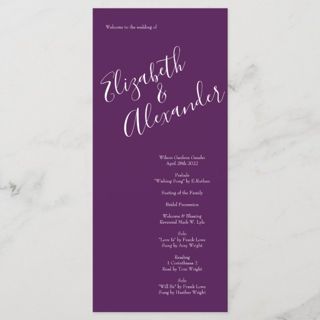 Fall Wedding Vintage Peach Rose on Purple Menu (Front)