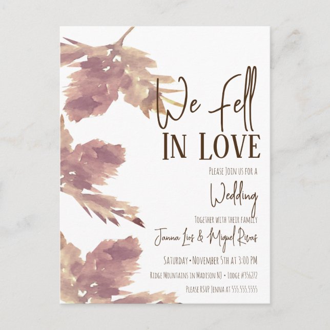 Fall Wedding Watercolor Leaf Brown  Postcard (Front)
