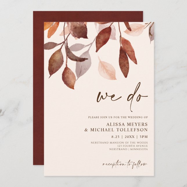 Fall Wedding Watercolor Leaves Foliage Rust Orange Invitation (Front/Back)