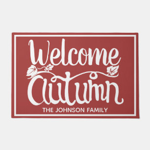 Fall Welcome Autumn in Red   Personalized Doormat