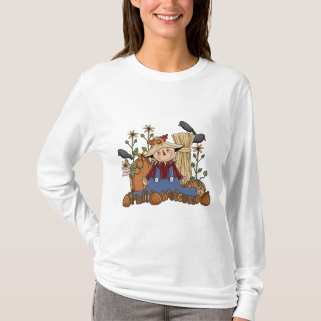 "Fall Welcome" Autumn Scarecrow Long Sleeve T-Shirt (Front)
