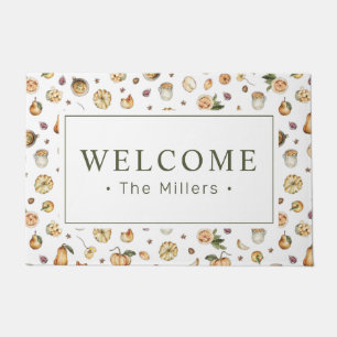 Fall Welcome Watercolor Pumpkins Pattern Names Doormat