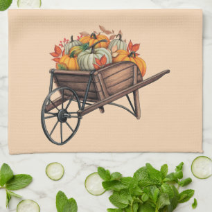Fall Wheelbarrow with Pumpkins Tea Towel