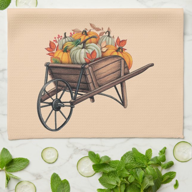 Fall Wheelbarrow with Pumpkins  Tea Towel (Folded)