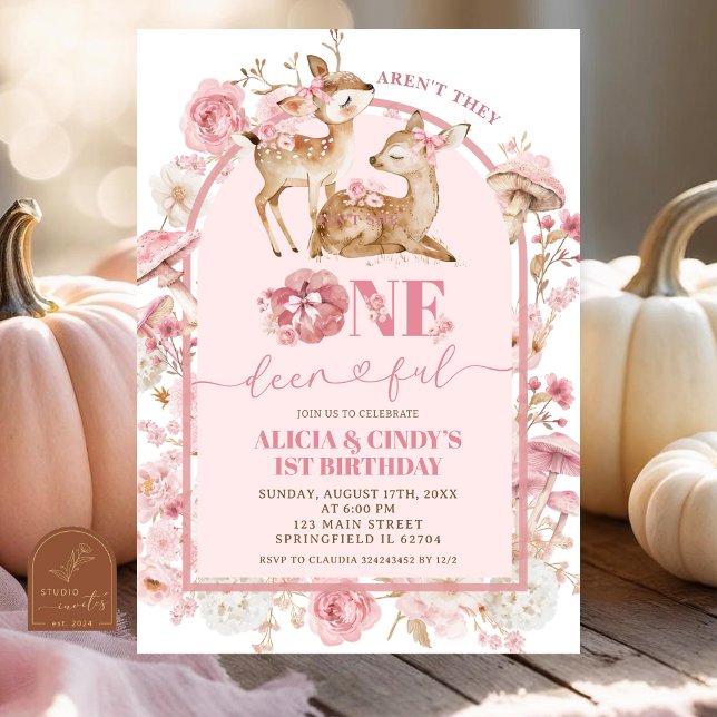 Fall White and Pink Onederful Twins Birthday Invitation (Creator Uploaded)