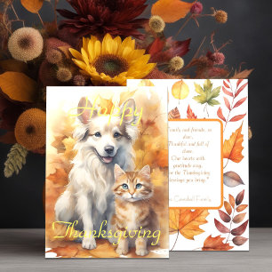 Fall White Collie Dog & Tabby Kitten Thanksgiving Card