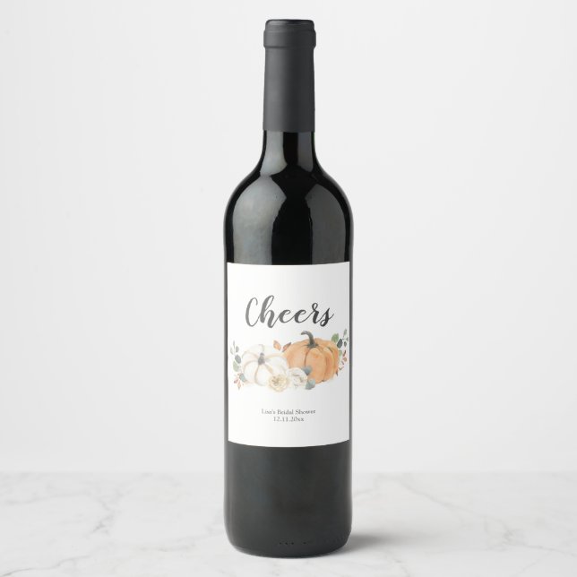 Fall White Floral Pumpkin Wine Label (Front)
