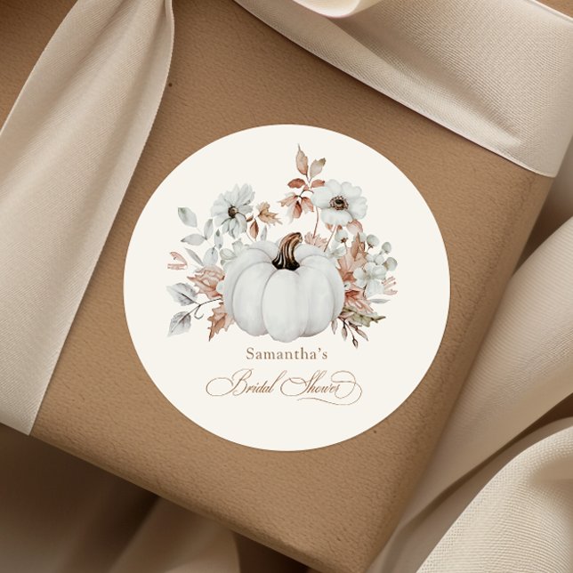 Fall White Pumpkin Bridal Shower Classic Round Sticker (Creator Uploaded)