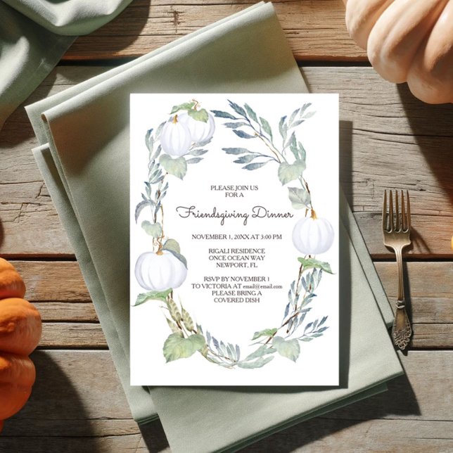 Fall WHITE PUMPKIN Greenery Friends Giving  Invitation (Friendsgiving invitations fall white pumpkin )