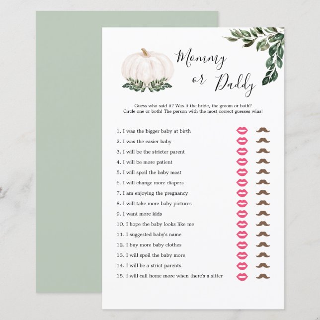 Fall White Pumpkin Mummy Or Daddy Game Cards (Front/Back)