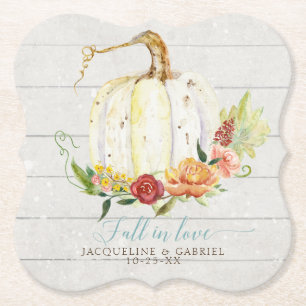 Fall White Pumpkin Red Floral Autumn Wood Wedding Paper Coaster