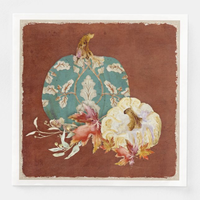 Fall White Pumpkin w Oak Leaf Pattern Watercolor Napkin (Front)